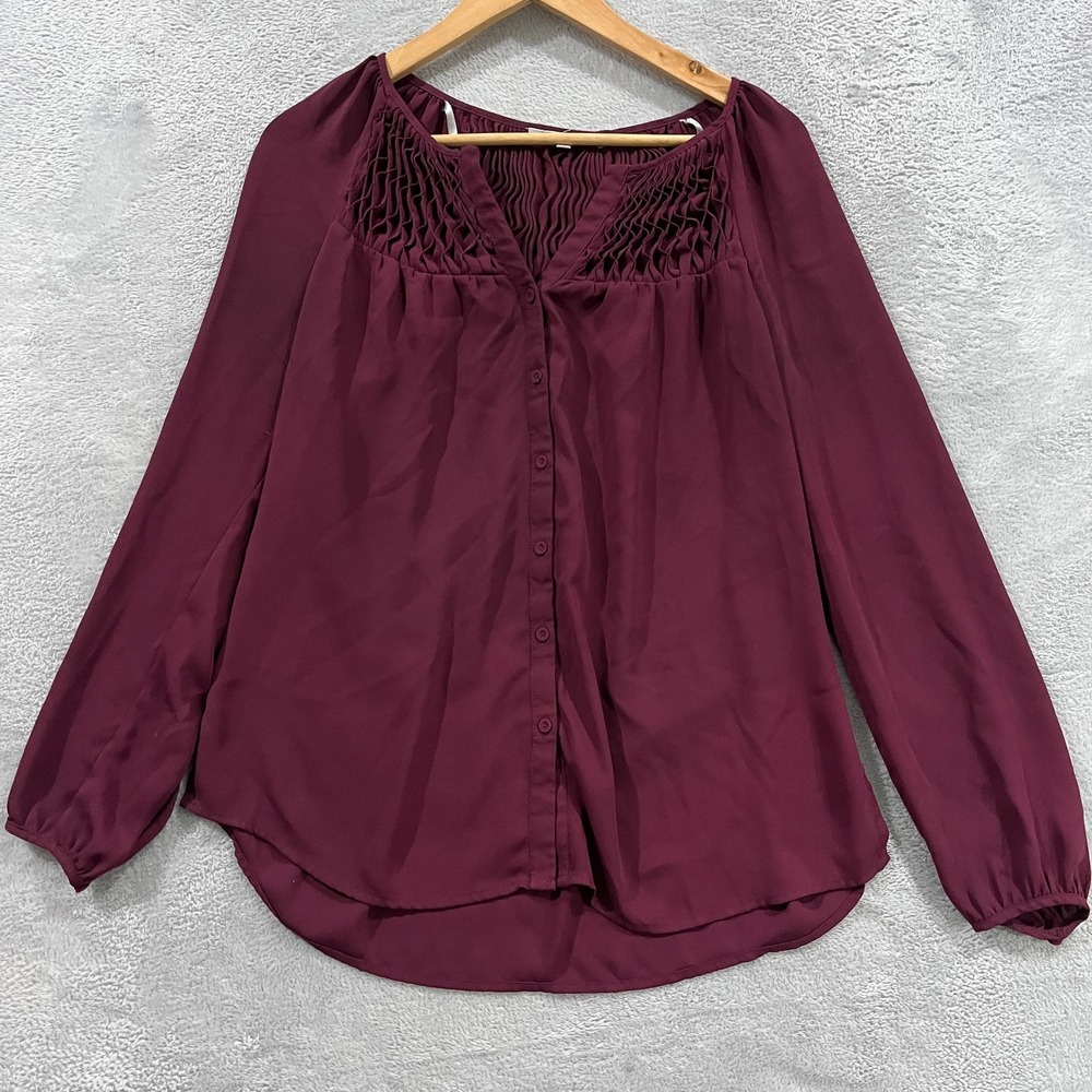 Daniel Rainn Blouse Top‎ Womens Medium Burgundy Pleated Split Neck Button Front